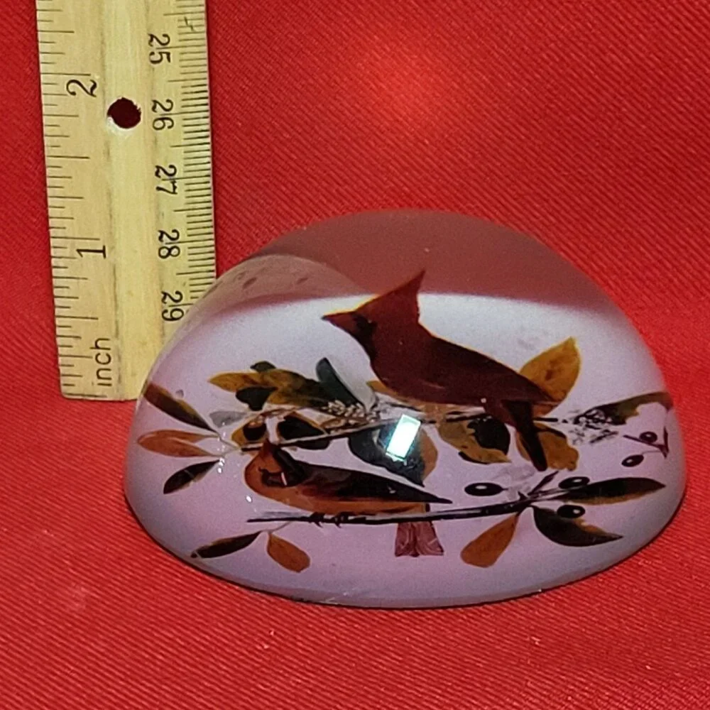 Vintage Art Glass Paperweight Bird on Olive Branches Half Round Dome